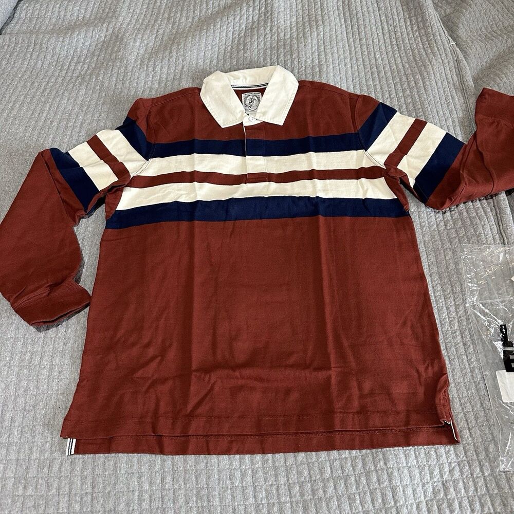 Lands' End Striped Polo Shirt 100% Cotton Rust Red L Men's Long Sleeve Preppy